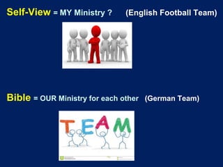 Self-View = MY Ministry ? (English Football Team)
Bible = OUR Ministry for each other (German Team)
 