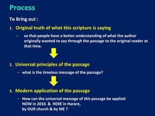 Process
To Bring out :
1. Original truth of what this scripture is saying
– so that people have a better understanding of what the author
originally wanted to say through the passage to the original reader at
that time.
2. Universal principles of the passage
– what is the timeless message of the passage?
3. Modern application of the passage
– How can the universal message of this passage be applied
NOW in 2016 & HERE in Harare,
by OUR church & by ME ?
 