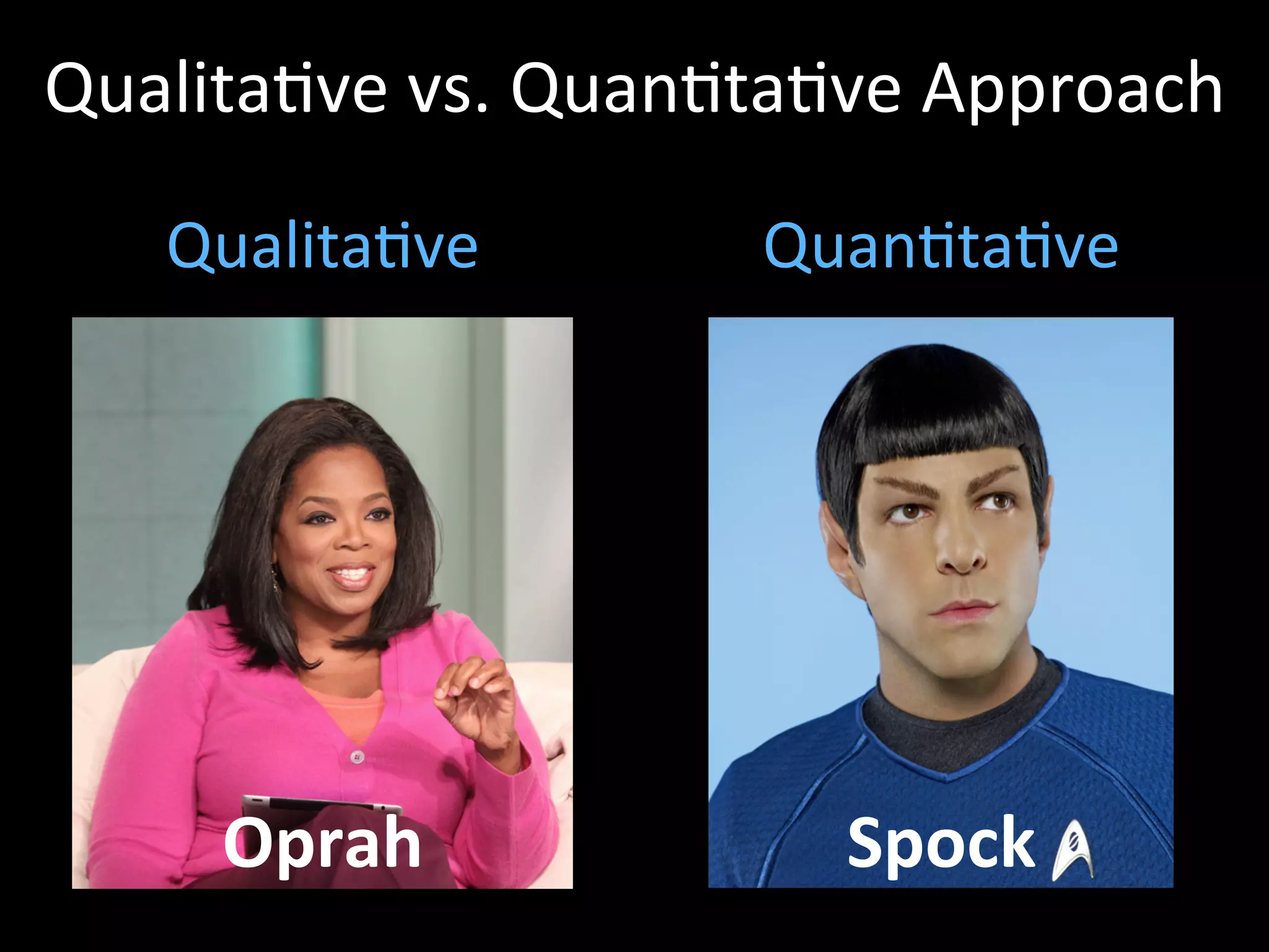 Qualita5ve	vs.	Quan5ta5ve	Approach	
Qualita5ve	 Quan5ta5ve	
Oprah	 Spock	
 