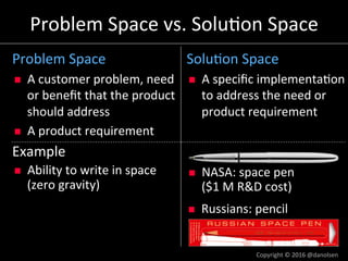 Problem	vs.	Solu5on	Space:	Product	Level	
Problem	Space	
(user	beneﬁts)	
Solu5on	Space	
(product)	
TurboTax
TaxCut
Pen and...