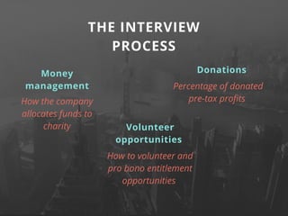 How the company
allocates funds to
charity
THE INTERVIEW
PROCESS
Percentage of donated
pre-tax profits
Money
management
Donations
Volunteer
opportunities
How to volunteer and
pro bono entitlement
opportunities
 