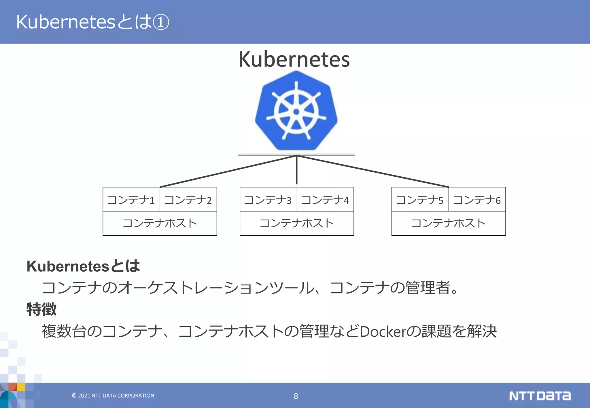 © 2021 NTT DATA CORPORATION 8
© 2021 NTT DATA CORPORATION
Kubernetesとは
コンテナのオーケストレーションツール、コンテナの管理者。
特徴
複数台のコンテナ、コンテナホストの管理などDockerの課題を解決
Kubernetesとは①
Kubernetes
Kubernetes
コンテナ1 コンテナ2
コンテナホスト
コンテナ3 コンテナ4
コンテナホスト
コンテナ5 コンテナ6
コンテナホスト
 