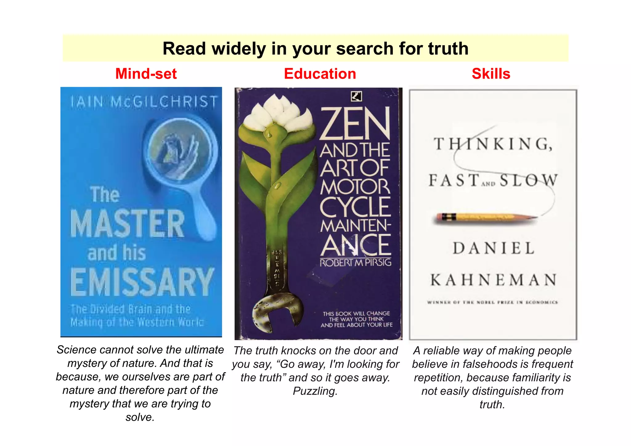 Read widely in your search for truth
Science cannot solve the ultimate
mystery of nature. And that is
because, we ourselves are part of
nature and therefore part of the
mystery that we are trying to
solve.
The truth knocks on the door and
you say, “Go away, I'm looking for
the truth” and so it goes away.
Puzzling.
A reliable way of making people
believe in falsehoods is frequent
repetition, because familiarity is
not easily distinguished from
truth.
Mind-set Education Skills
 