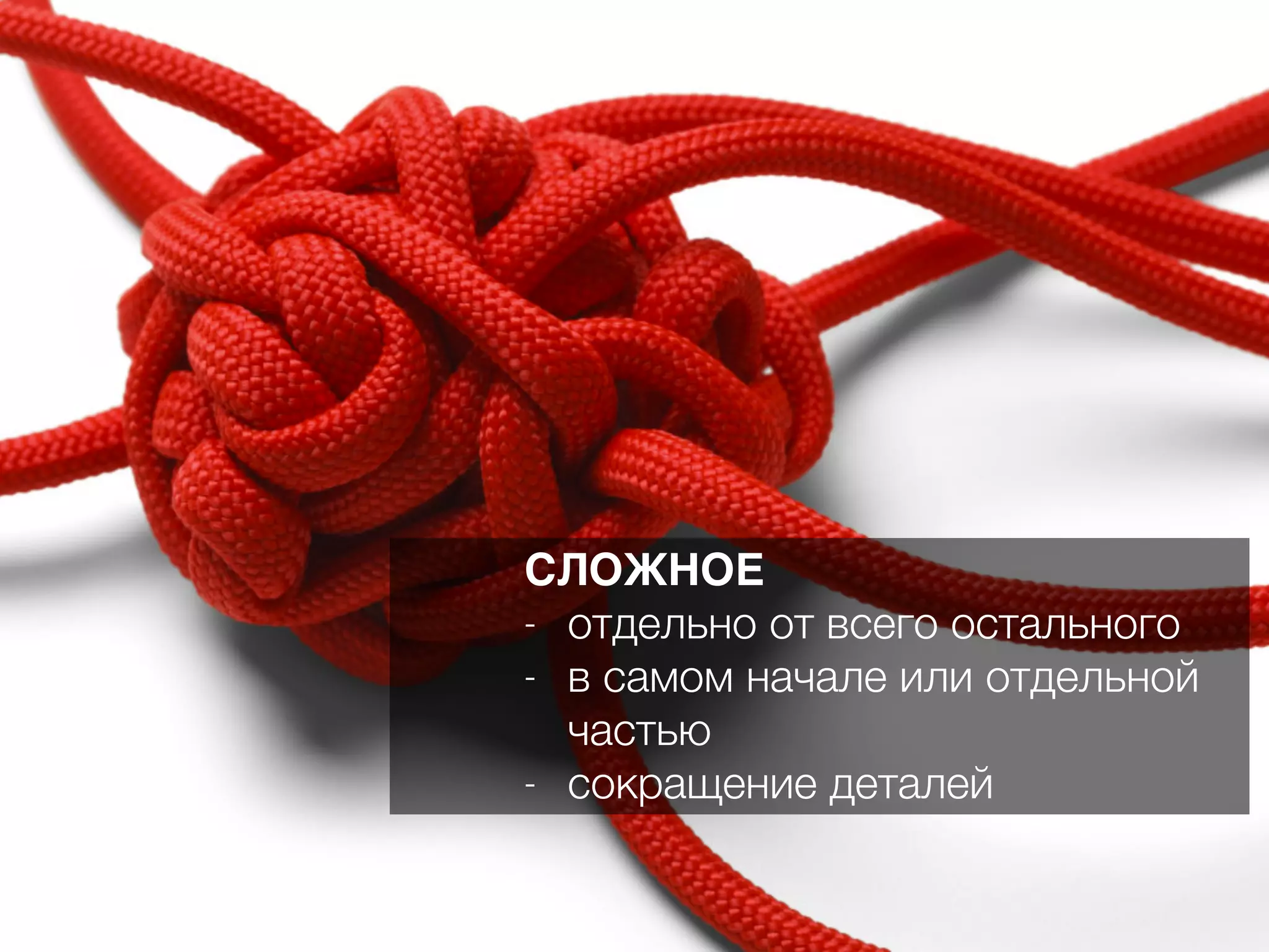 СЛОЖНОЕ
- отдельно от всего остального
- в самом начале или отдельной
частью
- сокращение деталей