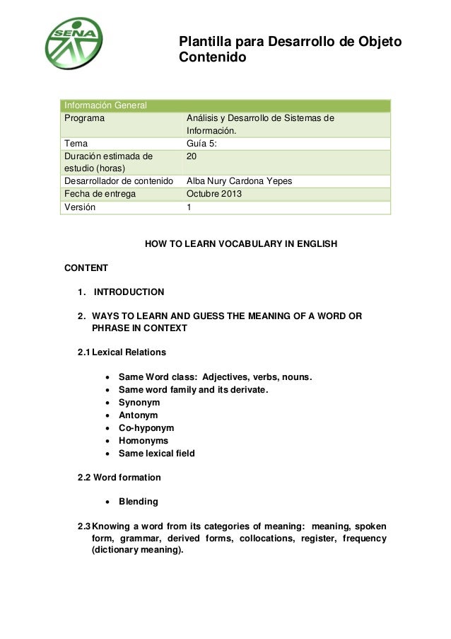 how to learn vocabulary in english plantilla in english