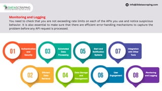 Monitoring and Logging
You need to check that you are not exceeding rate limits on each of the APIs you use and notice suspicious
behavior. It is also essential to make sure that there are efficient error-handling mechanisms to capture the
problem before any API request is processed.
info@3idatascraping.com
 