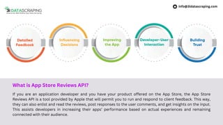 If you are an application developer and you have your product offered on the App Store, the App Store
Reviews API is a tool provided by Apple that will permit you to run and respond to client feedback. This way,
they can also enlist and read the reviews, post responses to the user comments, and get insights on the input.
This assists developers in increasing their apps’ performance based on actual experiences and remaining
connected with their audience.
What is App Store Reviews API?
info@3idatascraping.com
 