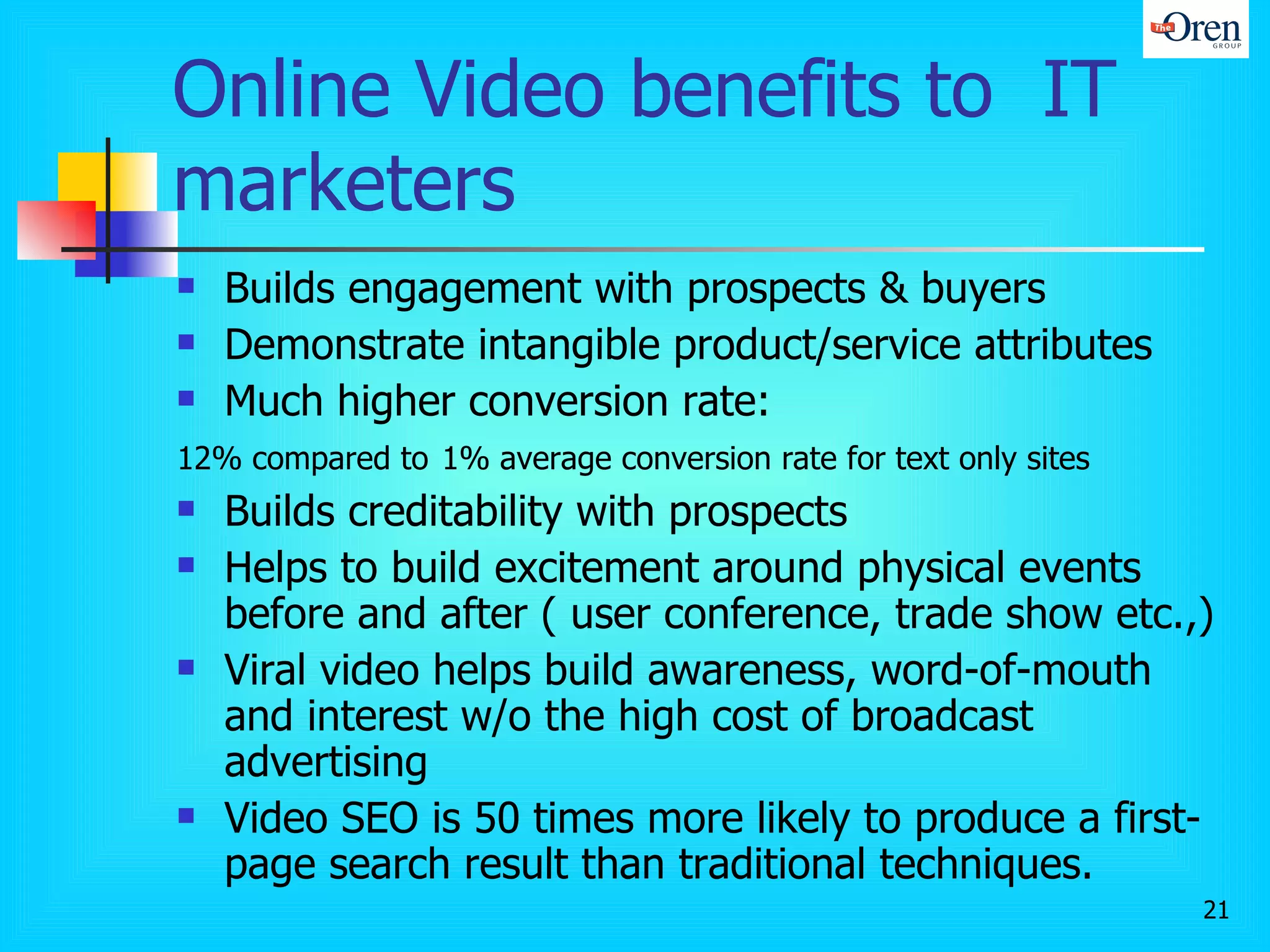 Online Video benefits to  IT marketers Builds engagement with prospects & buyers Demonstrate intangible product/service attributes Much higher conversion rate: 12% compared to   1% average conversion rate for text only sites  Builds creditability with prospects Helps to build excitement around physical events before and after ( user conference, trade show etc.,) Viral video helps build awareness, word-of-mouth and interest w/o the high cost of broadcast advertising Video SEO is 50 times more likely to produce a first-page search result than traditional techniques.  