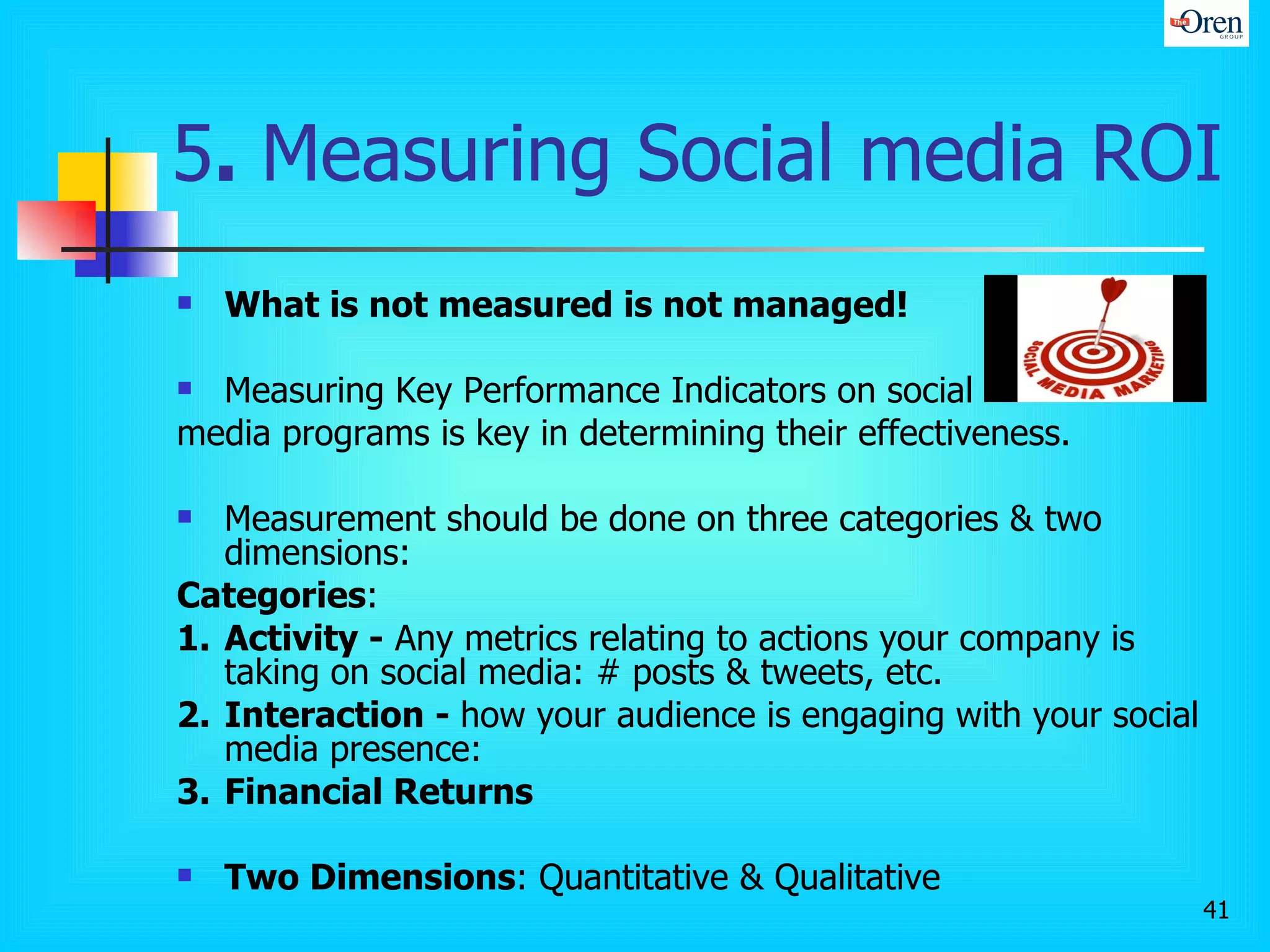 5 .  Measuring Social media ROI What is not measured is not managed! Measuring Key Performance Indicators on social media programs is key in determining their effectiveness.  Measurement should be done on three categories & two dimensions: Categories : 1.  Activity -  Any metrics relating to actions your company is taking on social media: # posts & tweets, etc.  2. Interaction -  how your audience is engaging with your social media presence:  3. Financial Returns Two Dimensions : Quantitative & Qualitative 