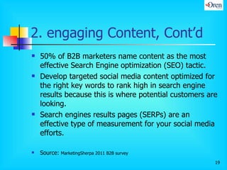 2. engaging Content, Cont’d <ul><li>50% of B2B marketers name content as the most effective Search Engine optimization (SE...