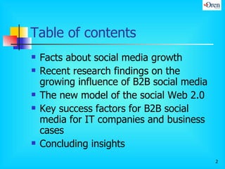 Table of contents <ul><li>Facts about social media growth </li></ul><ul><li>Recent research findings on the growing influe...