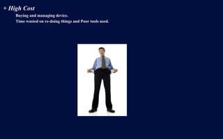 + High Cost
Buying and managing device.
Time wasted on re-doing things and Poor tools used.
 