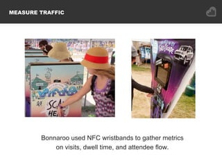 MEASURE TRAFFIC
Bonnaroo used NFC wristbands to gather metrics
on visits, dwell time, and attendee flow.
 