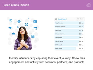LEAD INTELLIGENCE
Identify influencers by capturing their event journey. Show their
engagement and activity with sessions, partners, and products.
 