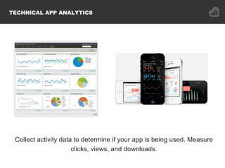 TECHNICAL APP ANALYTICS
Collect activity data to determine if your app is being used. Measure
clicks, views, and downloads.
 