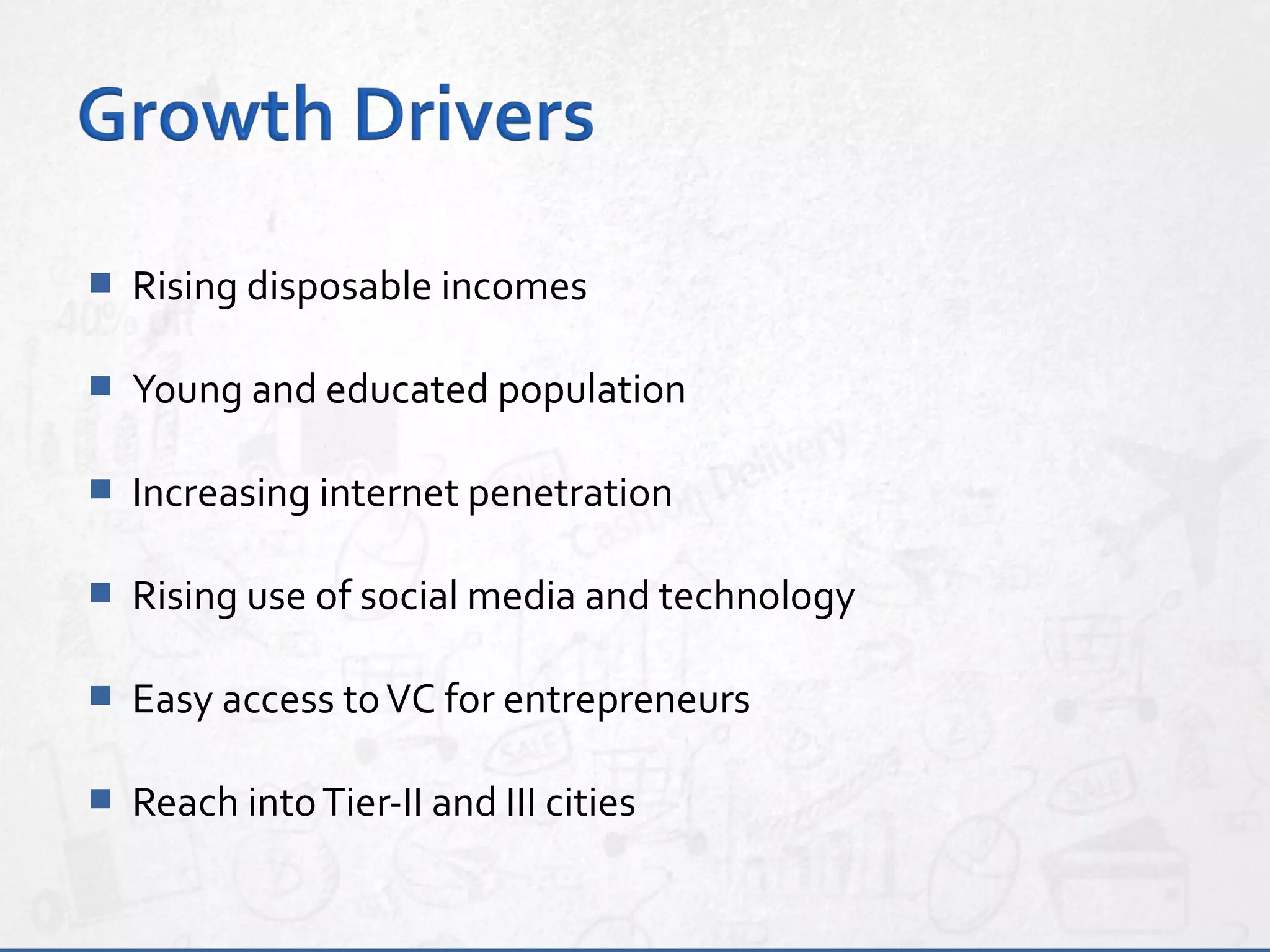  Rising disposable incomes
 Young and educated population
 Increasing internet penetration
 Rising use of social media and technology
 Easy access toVC for entrepreneurs
 Reach intoTier-II and III cities
 