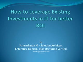 by
Kannathasan M - Solution Architect.
Enterprise Domain, Manufacturing Vertical.
kanna.erp@consultant.com
Version-1.1

 