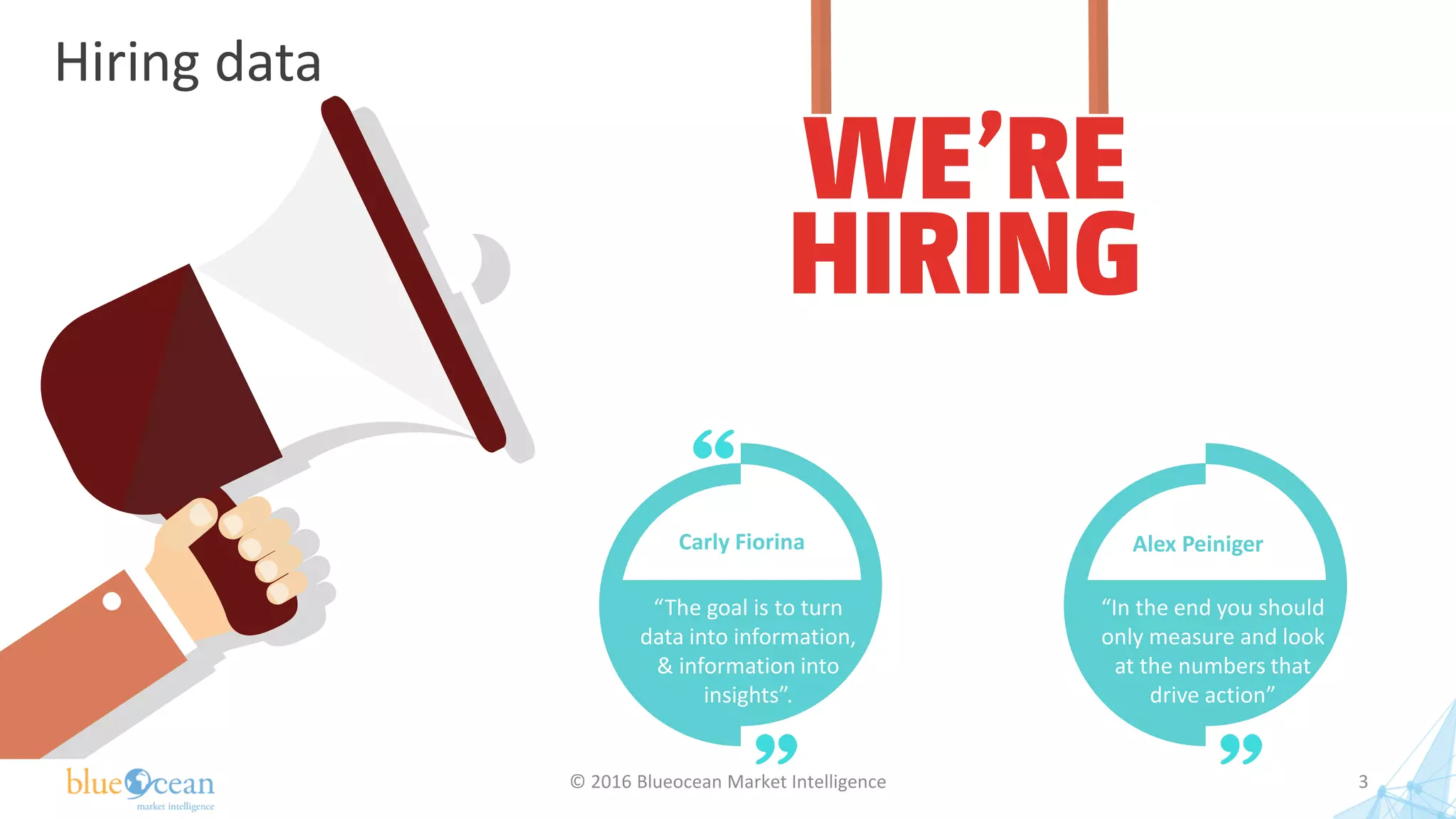 © 2016 Blueocean Market Intelligence 3
Hiring data
Carly Fiorina
“The goal is to turn
data into information,
& information into
insights”.
Alex Peiniger
“In the end you should
only measure and look
at the numbers that
drive action”
 