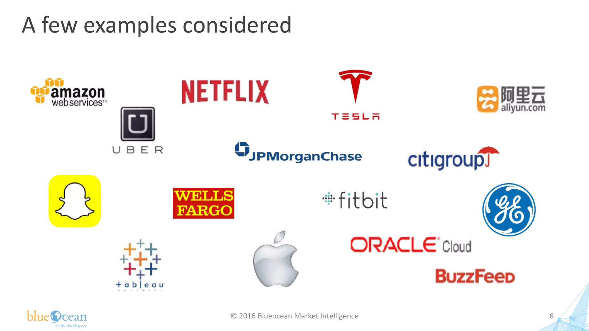 A few examples considered
© 2016 Blueocean Market Intelligence 6
 