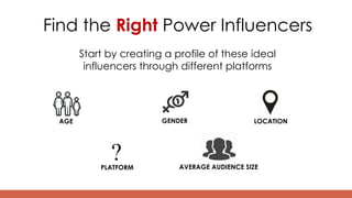 Find the Right Power Influencers
Start by creating a profile of these ideal
influencers through different platforms
AGE GENDER LOCATION
PLATFORM AVERAGE AUDIENCE SIZE
 