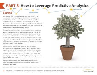 12 HOW TO LEVERAGE PREDICTIVE ANALYTICS IN B2B SALES AND MARKETING
For most marketers, the ultimate goal is to find, nurture, and
expand customer relationships so that they are as valuable as
possible. As our customers move further into the funnel, their
value naturally grows as does our accuracy in predicting their
lifetime value. As customers move through the funnel, the richness
of data from which we can identify patterns expands into purchase
and engagement activity both on and offline.
Once a prospect becomes a customer, we often have rich data on
how they interact with our products (especially if our product is
software!) which provides us signals to when they’re most likely
to upgrade, products that we should cross-sell to them and also
when they’re at risk of leaving. When you fold in service and other
engagement data beyond sales and marketing (for example calls to
customer support or service) our ability to predict when customers
are at risk becomes even stronger.
Effective lifetime value (LTV) predictions focus on two key
dimensions: your tenure as a customer and the volume of spend
or profit across each time period of your ‘survival’. These are born
from attributes such as how much a customer spends on a first
purchase, their purchase frequency, how they pay, whether they
are adopting your solution or products, if they are engaged in your
web properties, and so on.
Predictive analytics allow us to project a customer’s LTV and
toggle sales, marketing and service spend accordingly to create a
competitive advantage.
PART 3: How to Leverage Predictive Analytics
Expand
Usage
Purchase Amount
Payment Method
 