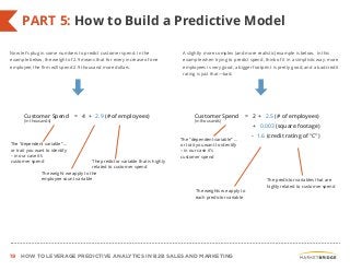 19 HOW TO LEVERAGE PREDICTIVE ANALYTICS IN B2B SALES AND MARKETING
PART 5: How to Build a Predictive Model
Now let’s plug in some numbers to predict customer spend. In the
example below, the weight of 2.9 means that for every increase of one
employee, the firm will spend 2.9 thousand more dollars.
A slightly more complex (and more realistic) example is below. In this
example when trying to predict spend, think of it in a simplistic way: more
employees is very good, a bigger footprint is pretty good, and a bad credit
rating is just that—bad.
The “dependent variable” …
or trait you want to identify
– in our case it’s
customer spend
The weight we apply to the
employee count variable
The predictor variable that is highly
related to customer spend
Customer Spend = 4 + 2.9 (# of employees)
(in thousands)
The “dependent variable” …
or trait you want to identify
– in our case it’s
customer spend
The weights we apply to
each predictor variable
The predictor variables that are
highly related to customer spend
Customer Spend = 2 + 2.5 (# of employees)
(in thousands)
+ 0.003 (square footage)
- 1.6 (credit rating of "C")
 