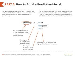 20 HOW TO LEVERAGE PREDICTIVE ANALYTICS IN B2B SALES AND MARKETING
PART 5: How to Build a Predictive Model
If we carry this through we get a predicted spend of $102,000 for Agile
Mobile. Knowing this, Acme Applications can put an appropriate amount
of spend against Agile Mobile as it relates to outbound sales and
marketing touches.
If we as marketers at ACME apply this basic math equation for predicting
customer spend to every account, it’s clear how we can build a cleanly
ranked and ordered list, bundle that rank order into higher level groups,
and suddenly we’ve harnessed the power of predictive analytics at scale.
The “dependent variable” …
or trait you want to identify
– in our case it’s
customer spend
The weights
we apply to each
predictor variable
The predictor variables that are
highly related to customer spend
$102,000 = 2 + 2.5 (34)
+ 0.003 (5,000)
- 1.6 (0)
The weights
we apply to each
predictor variable
 