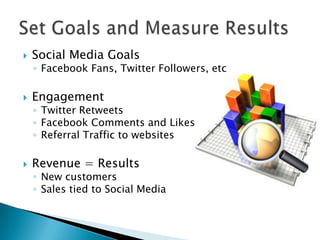    Social Media Goals
    ◦ Facebook Fans, Twitter Followers, etc

   Engagement
    ◦ Twitter Retweets
    ◦ Facebook Comments and Likes
    ◦ Referral Traffic to websites

   Revenue = Results
    ◦ New customers
    ◦ Sales tied to Social Media
 