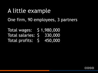 A little example
One firm, 90 employees, 3 partners
Total wages: $ 1,980,000
Total salaries: $ 330,000
Total profits: $ 45...