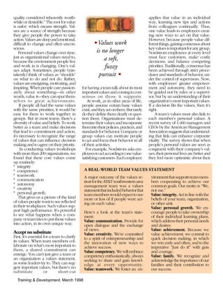 quality considered inherently worth-                                                                                                    applies that value in an individual
while or desirable.” The root for value                                                                                                 way, learning new tips and actions
is valor, which means strength. Val-                                                                                                    from colleagues continually. Thus,
ues are a source of strength because                                                                                                    one value leads to employees creat-
they give people the power to take                                                                                                      ing new ways to act on that value.
action. Values are deep and emotional,                                                                                                  However, because people value dif-
difficult to change and often uncon-                        •Values work                                                                ferent things, gaining consensus about
scious.                                                                                                                                 key values is important for any group.
    Personal values change over time,                        is no longer                                                               Nordstrom employees at every level
just as organizational values need to,                           a soft,                                                                must face customers, make costly
because the environment people live                                                                                                     decisions, and balance competing
and work in is changing. One’s val-                              fuzzy                                                                  priorities. Traditionally, consensus has
ues adapt. Sometimes, people (mis-                                                                                                      been achieved through strict proce-
takenly) think of values as “shoulds”                         pursuit •                                                                 dures and standards of behavior, un-
on what to do and not do. Rather,                                                                                                       der the control of supervisors. Now,
values are energizing, motivating, and                                                                                                  with employees’ greater empower-
inspiring. When people care passion-          for having a team talk about its most                                                     ment and autonomy, they need to
ately about something—in other                important values and coming to con-                                                       be guided not by rules or a supervi-
words, value it—they can spur them-           sensus on those it supports.                                                              sor, but by an understanding of their
selves to great achievements.                     At work, as in other areas of life,                                                   organization’s most important values.
     If people all had the same values        people assume certain basic values                                                        If a decision fits the values, then it’s
with the same priorities, it would be         exist, and they act on them. But rarely                                                   right.
easy for them to work together in             do they define them clearly or ques-                                                          A team’s values must also link to
groups. But in most teams, there’s a          tion them. Organizations must de-                                                         each member’s personal values. A
diversity of value and beliefs. To work       termine their values and incorporate                                                      recent survey of 1,460 managers and
better as a team and make decisions           them into their policies, practices, and                                                  CEOs by the American Management
that lead to commitment and action,           standards for behavior. Company or                                                        Association suggests that understand-
it’s necessary to recognize the range         group values can motivate people                                                          ing that link can enhance corporate
of values that can influence decision         to act and focus their behavior in all                                                    vitality. The survey shows that when
making and to agree on their priority.        of their activities.                                                                      people’s personal values are seen as
      In conducting values workshops             For example, Nordstrom asks em-                                                        congruent with their company’s val-
with more than 200 organizations, we          ployees to act according to one value:                                                    ues, their personal lives are better and
found that these core values come             satisfying customers. Each employee                                                       they feel more optimistic about their
up routinely:
* integrity
* competence                                   A REAL-WORLD TEAM VALUES STATEMENT
                                                ○   ○   ○   ○   ○   ○   ○   ○   ○   ○   ○   ○   ○   ○   ○   ○   ○   ○   ○   ○   ○   ○   ○    ○   ○   ○   ○   ○   ○   ○   ○   ○   ○   ○   ○   ○   ○   ○   ○   ○   ○




* teamwork                                     A major outcome of the values re-                                                            vironment that supports team mem-
* communication                                treat for the AT&T southwestern area                                                         bers cooperating to achieve our
* autonomy                                     management team was a values                                                                 common goals. Our motto is “We,
* creativity                                   statement that included behavior that                                                        not me.”
* personal growth.                             team members would expect to see                                                             Value: integrity. Act in line with the
    That gives us a picture of the kind        more or less of if people were act-                                                          beliefs of your team, organization,
of values people want to see reflected         ing on each value.                                                                           or other unit.
in their workplaces. Such values sup-                                                                                                       Value: personal growth. We en-
port high performance. It’s powerful           Here’s a look at the team’s state-                                                           courage people to take ownership
to see what happens when a com-                ment:                                                                                        of their individual learning plans,
pany or team tries to put those values         Value: communication. Provide for                                                            which address their personal needs
into action, in its own unique way.            open dialogue and the exchange                                                               and desires.
                                               of views.                                                                                    Value: achievement. Because we
Accept no substitute                           Value: creativity. We’re committed                                                           value achievement, we commit to
First, it’s essential for a team to clarify    to a spirit of entrepreneurship and                                                          quick decision making, in which
its values. When team members col-             the innovation of new ways to                                                                we win early and often, and to the
laborate on what’s most important to           achieve success.                                                                             imperative “Just do it!” with guts
them, a shared commitment can                  Value: competency. We will embrace                                                           and courage.
emerge. You can’t just give a team or          competency enthusiastically, always                                                          Value: family. We recognize and
an organization a values statement,            seeking to share and gain knowl-                                                             acknowledge the importance of our
as some leaders try to. They can sug-          edge at every opportunity.                                                                   families and their contribution to
gest important values, but there’s no          Value: teamwork. We foster an en-                                                            our success.
substitute            or       short-cut
  Training & Development, March 1998
 