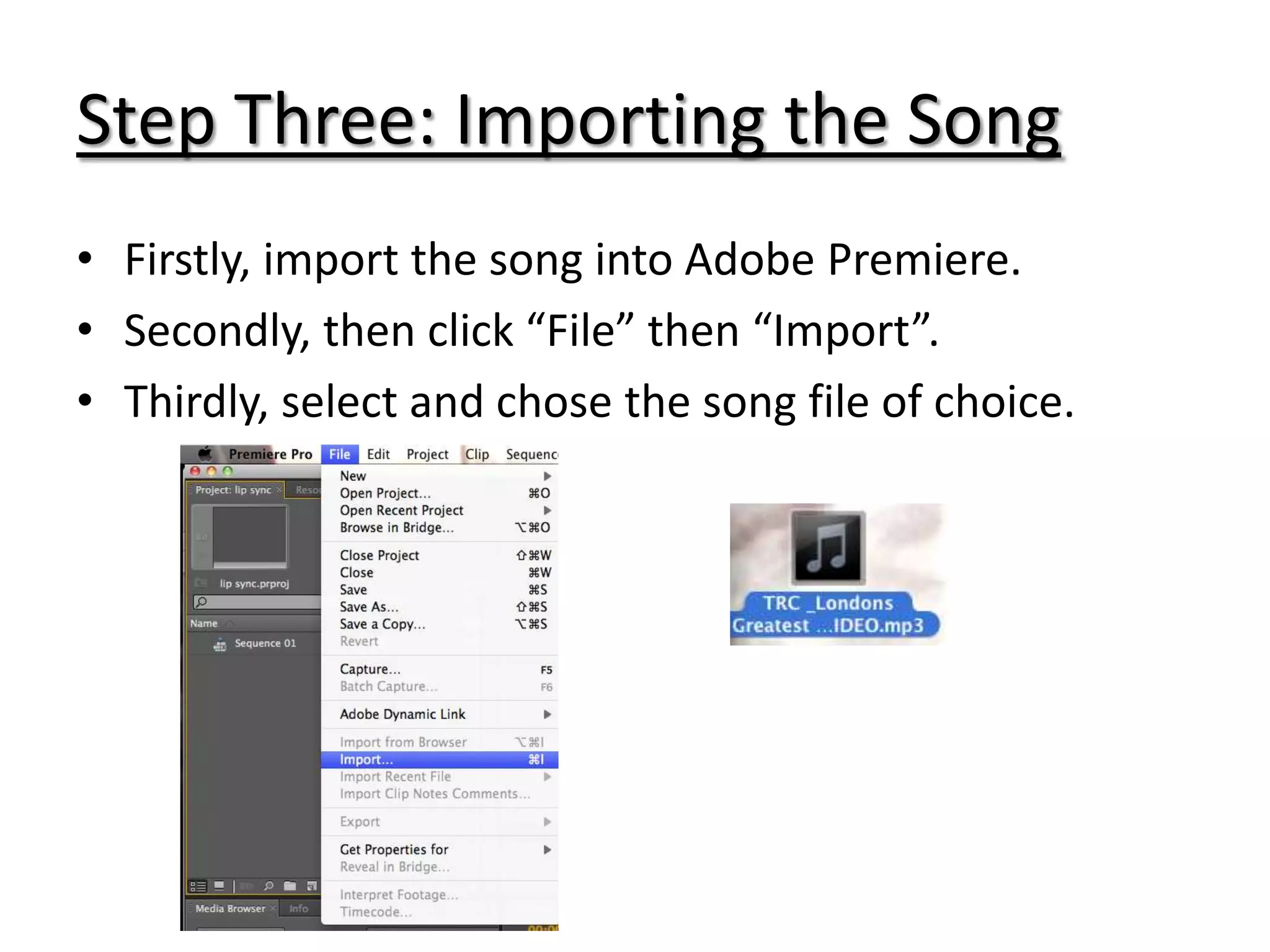 Step Three: Importing the Song
• Firstly, import the song into Adobe Premiere.
• Secondly, then click “File” then “Import”.
• Thirdly, select and chose the song file of choice.
 