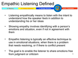 Empathic Listening Defined <ul><li>Listening empathically means to listen with the intent to understand how the speaker  f...