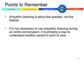 Points to Remember <ul><li>Empathic listening is about the speaker,  not  the listener </li></ul><ul><li>It is not necessa...