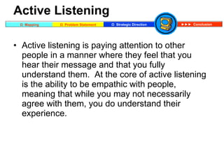 Active Listening   <ul><li>Active listening is paying attention to other people in a manner where they feel that you hear ...