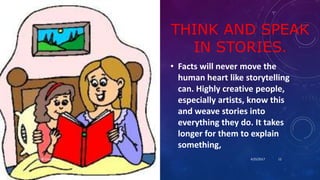 THINK AND SPEAK
IN STORIES.
• Facts will never move the
human heart like storytelling
can. Highly creative people,
especially artists, know this
and weave stories into
everything they do. It takes
longer for them to explain
something,
4/25/2017Dr.T.V.Rao MD @ Creativity 12
 