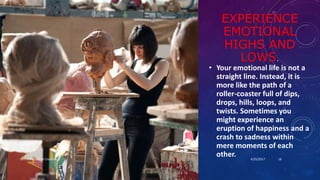 EXPERIENCE
EMOTIONAL
HIGHS AND
LOWS.
• Your emotional life is not a
straight line. Instead, it is
more like the path of a
roller-coaster full of dips,
drops, hills, loops, and
twists. Sometimes you
might experience an
eruption of happiness and a
crash to sadness within
mere moments of each
other. 4/25/2017Dr.T.V.Rao MD @ Creativity 16
 