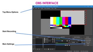 OBS INTERFACE
Top Menu Options
Start Recording
Main Settings
 
