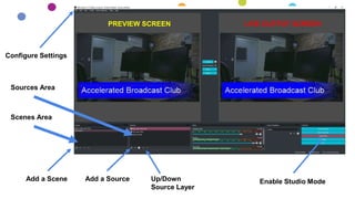 Sources Area
Scenes Area
Add a SourceAdd a Scene Up/Down
Source Layer
Enable Studio Mode
Configure Settings
PREVIEW SCREEN LIVE OUTPUT SCREEN
 