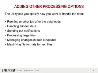 15
ADDING OTHER PROCESSING OPTIONS
The utility lets you specify how you want to handle the data:
• Running another job aft...