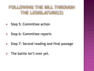    Step 5: Committee action

   Step 6: Committee reports

   Step 7: Second reading and final passage

   The battle isn’t over yet.
 