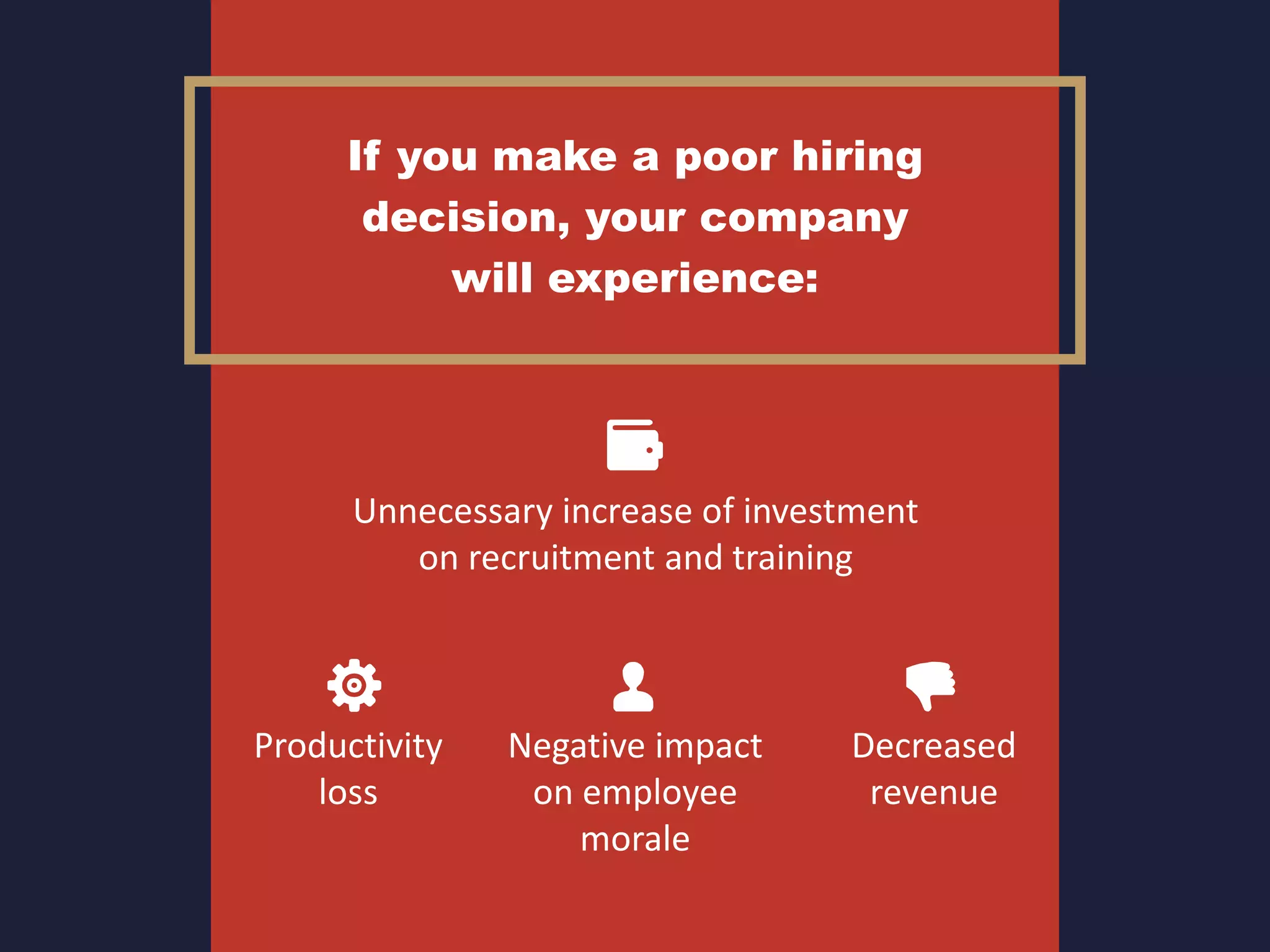 If you make a poor hiring
decision, your company
will experience:
Unnecessary increase of investment
on recruitment and training
Productivity
loss
Negative impact
on employee
morale
Decreased
revenue
 