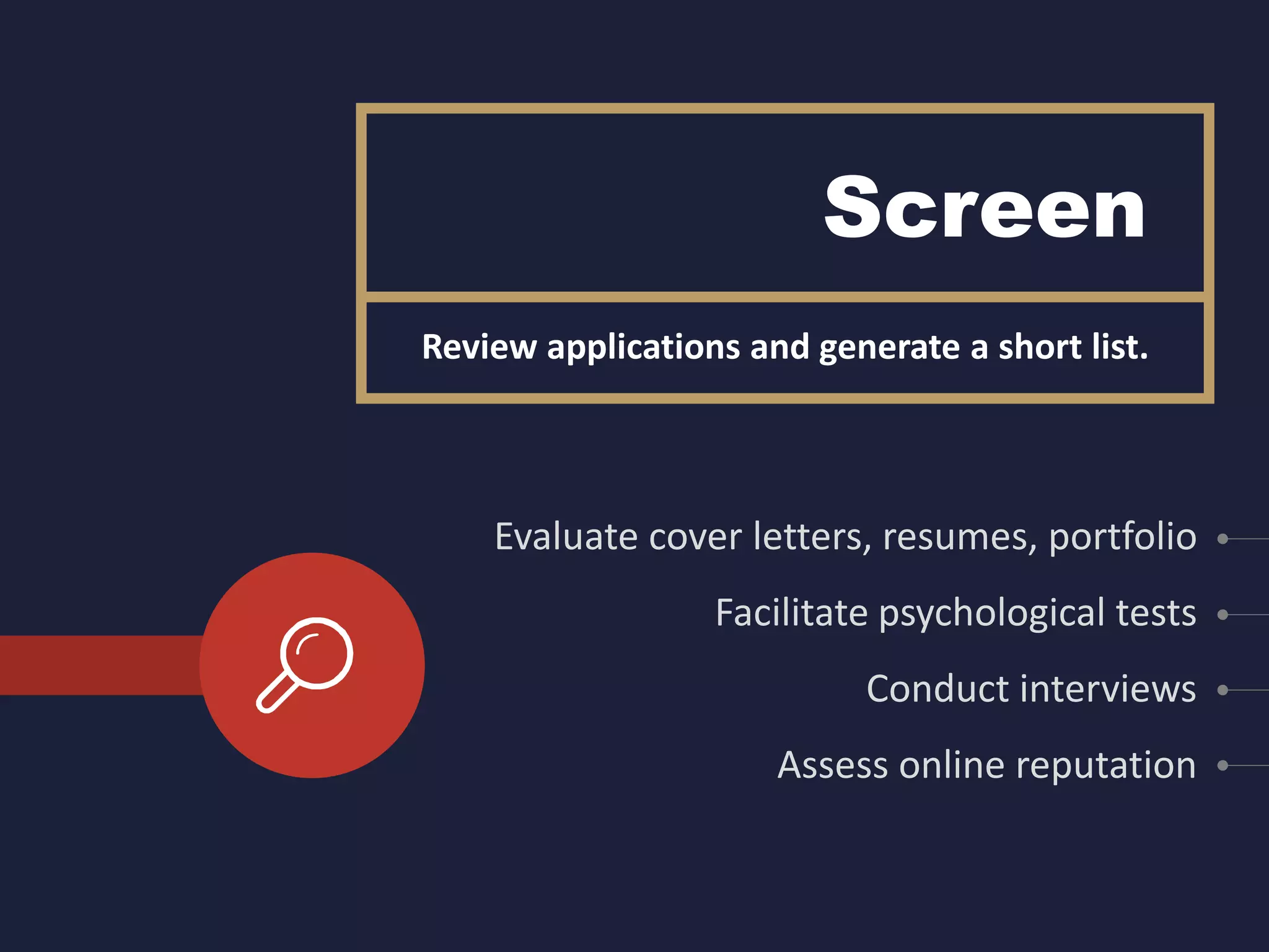 Screen
Evaluate cover letters, resumes, portfolio
Facilitate psychological tests
Conduct interviews
Assess online reputation
Review applications and generate a short list.
 