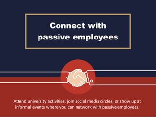 Connect with
passive employees
Attend university activities, join social media circles, or show up at
informal events where you can network with passive employees.
 