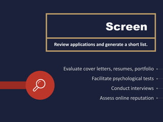 Screen
Evaluate cover letters, resumes, portfolio
Facilitate psychological tests
Conduct interviews
Assess online reputation
Review applications and generate a short list.
 