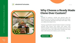 10 / 12
Why Choose a Ready Made
Clone Over Custom?
Instead of making a whole new grocery app, the
business owner can buy this ready Spinneys clone app.
Many companies sell these Spinneys clone apps. They
are called white-label firms.
Having a good admin panel makes it easier to manage
product lists, prices, and orders and watch over
delivery people. These ready-made apps save time and
money and come with solid admin panels that have
been well-tested and made to work correctly.
READ MORE
H
T
T
P
S
:
/
/
W
W
W
.
E
S
I
T
E
W
O
R
L
D
.
C
O
M
/ eSiteWorld Technolabs
 