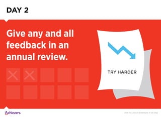 TRY HARDER
DAY 2
Give any and all
feedback in an
annual review.
How to Lose an Employee in 10 Days
 