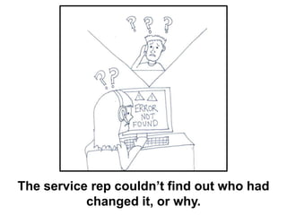 The service rep couldn’t find out who had
changed it, or why.
 