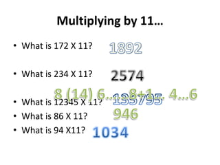 Multiplying by 11…
• What is 172 X 11?
• What is 234 X 11?
• What is 12345 X 11?
• What is 86 X 11?
• What is 94 X11?

 