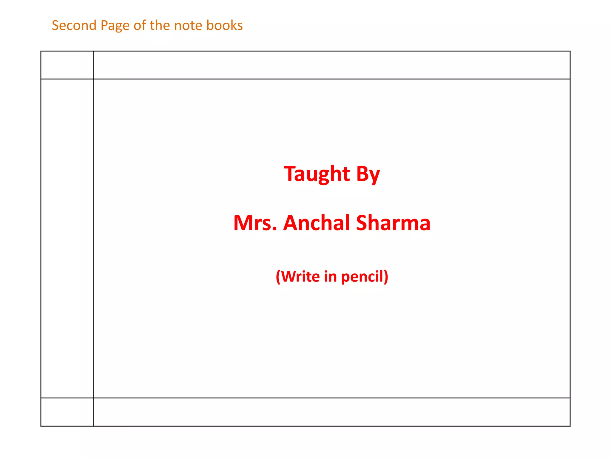 Second Page of the note books




                                 Taught By

                           Mrs. Anchal Sharma

                                (Write in pencil)
 