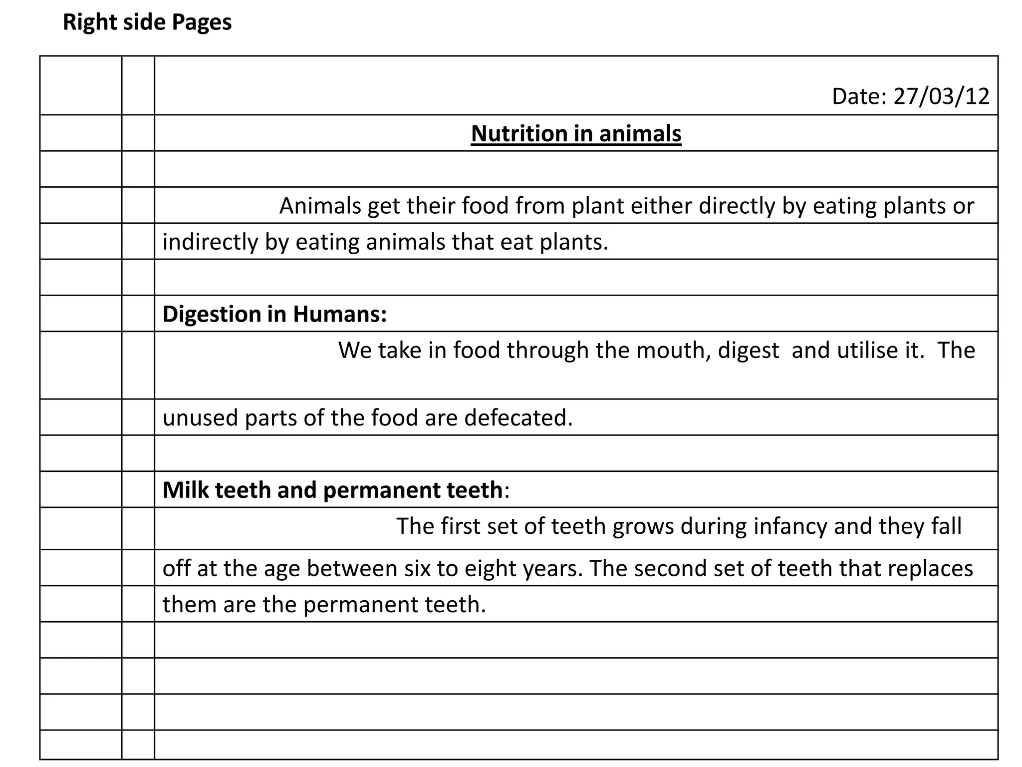 Right side Pages

                                                                           Date: 27/03/12
                                       Nutrition in animals

                     Animals get their food from plant either directly by eating plants or
         indirectly by eating animals that eat plants.

         Digestion in Humans:
                         We take in food through the mouth, digest and utilise it. The

         unused parts of the food are defecated.

         Milk teeth and permanent teeth:
                             The first set of teeth grows during infancy and they fall
         off at the age between six to eight years. The second set of teeth that replaces
         them are the permanent teeth.
 